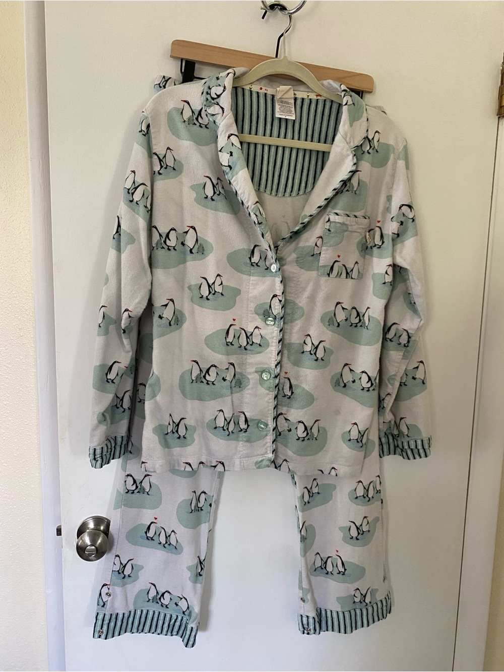 munki munki Mint and White Penguin Pajama Set Flannel Medium